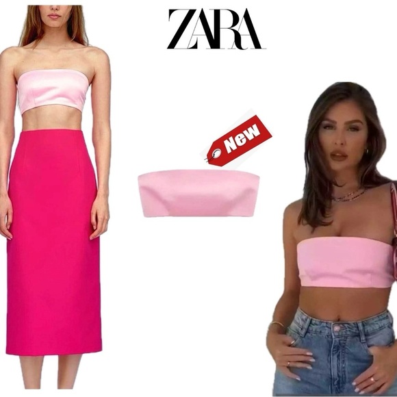 Zara light pink satin effect bandeau strapless crop top Sz L NWT - Picture 13 of 13
